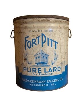 Vintage Fort Pitt Pure Lard Tin 50lb With Lid Bail Handle White Blue Rustic Farm